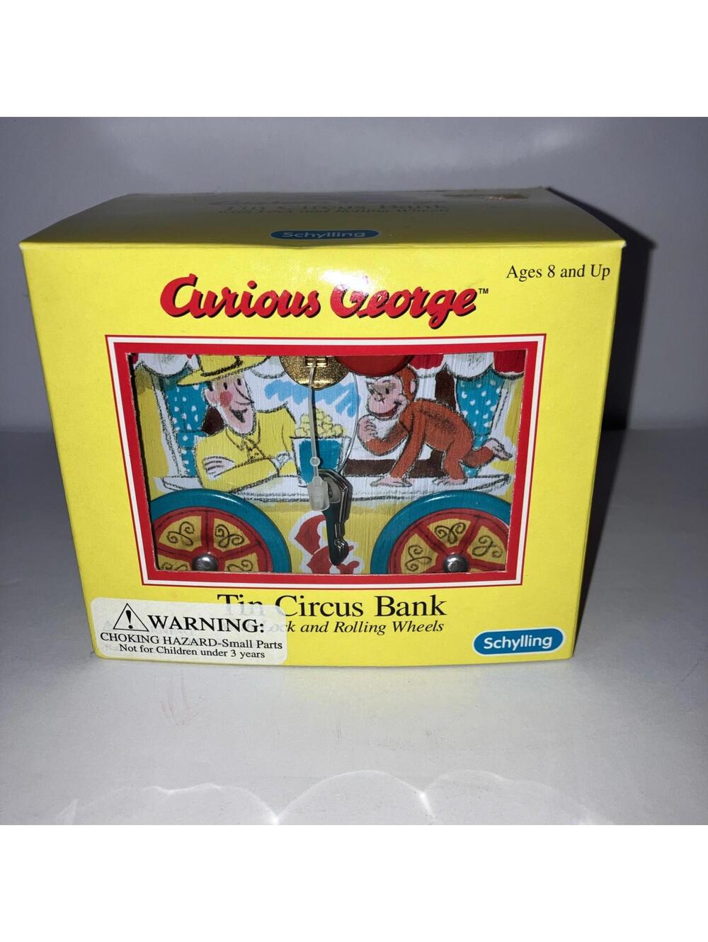 Vintage 1995 Curious George Tin Coin Bank Rolling Circus by Schylling NEW in Box
